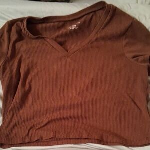 Brown V-Neck Ribbed Women's Top